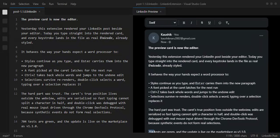 LinkedIn Formatter preview card rendered beside the editor in VS Code