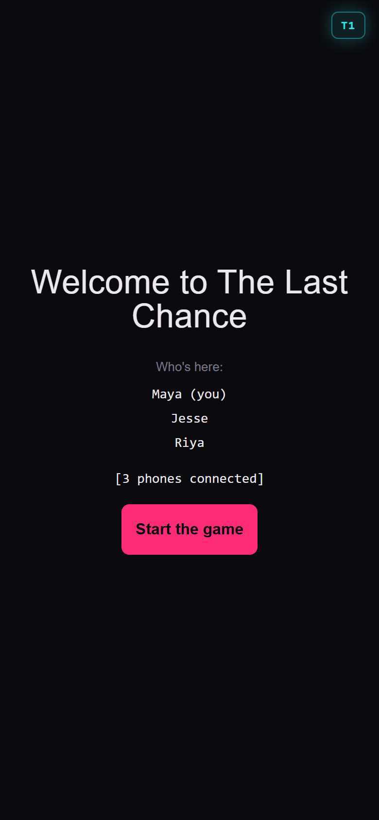 Lobby listing Maya, Jesse and Riya with three phones connected and a Start the game button