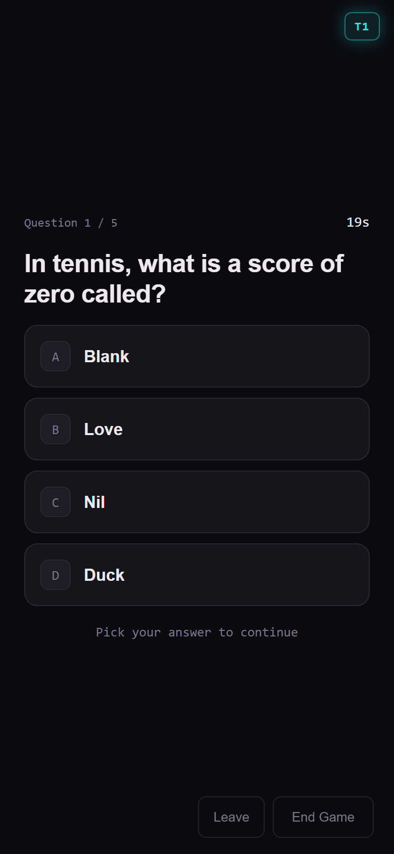 MingleHub Trivia question with four answer tiles