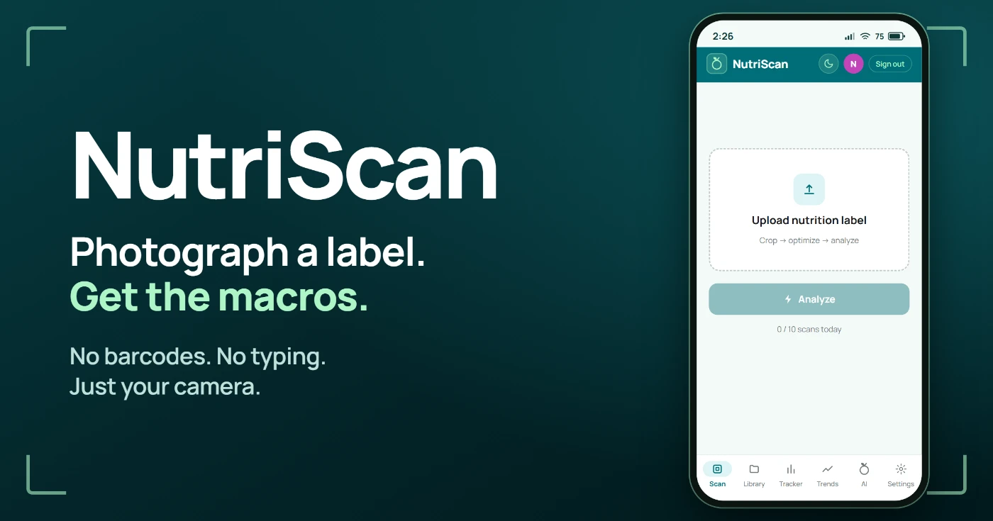 NutriScan launch visual: the Scan tab on a phone with the upload-label flow, next to the tagline 'Photograph a label. Get the macros.'