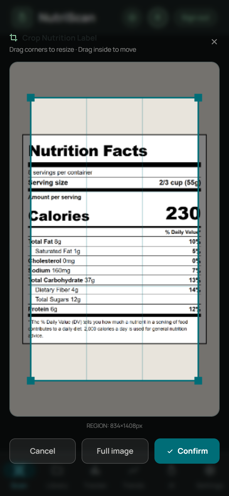 Crop screen: a nutrition label photo with draggable corner handles isolating the label region