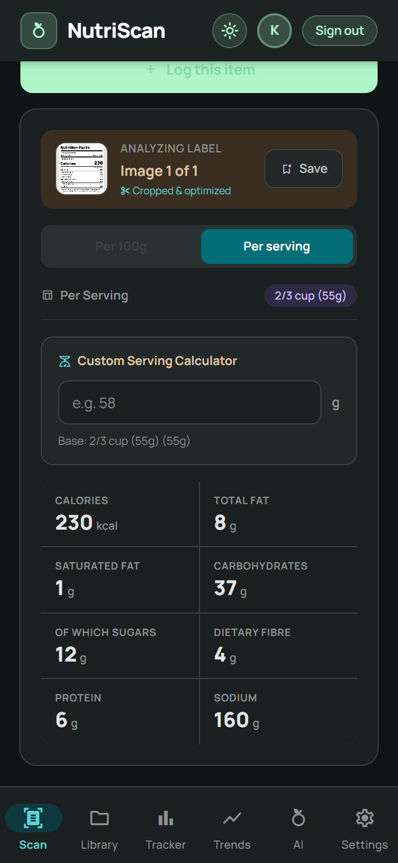 NutriScan scan result: calories, protein, carbs and fat read from a nutrition label